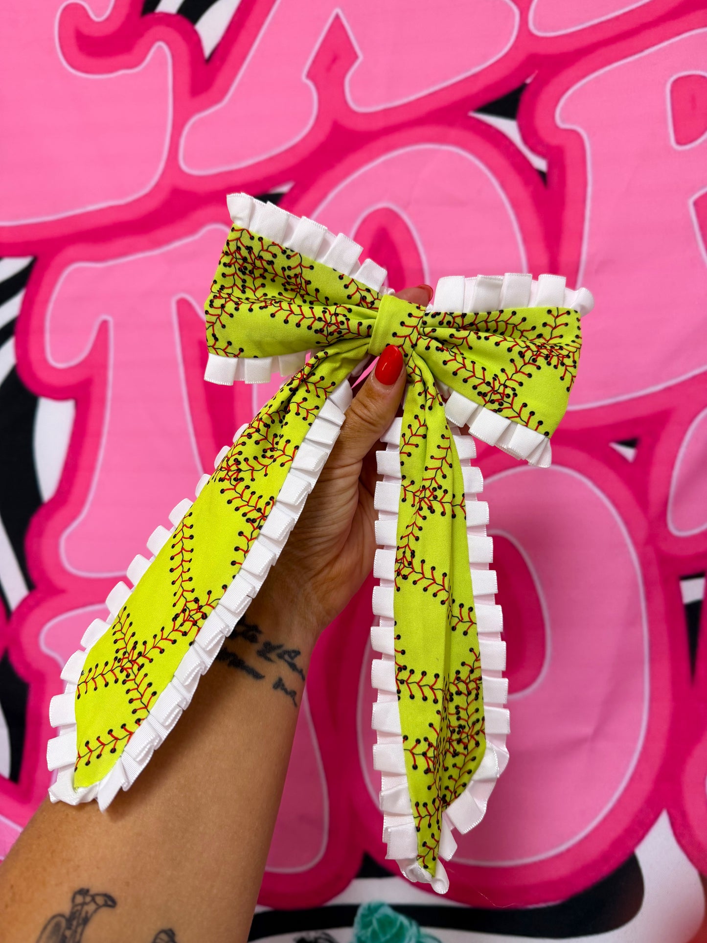 Softball bow on ponytail XL