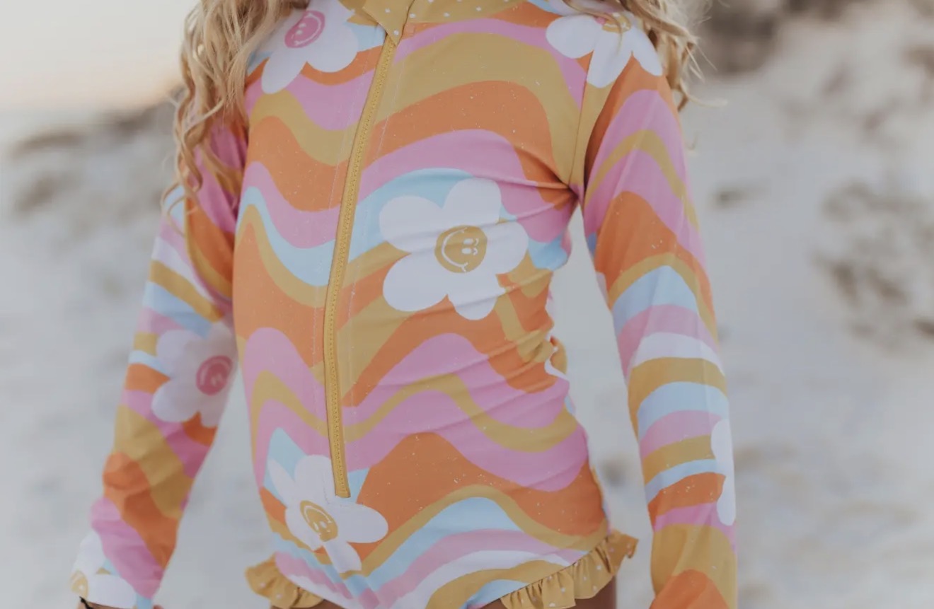 Retro floral wave rash guard one piece swimsuit