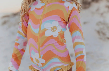 Retro floral wave rash guard one piece swimsuit