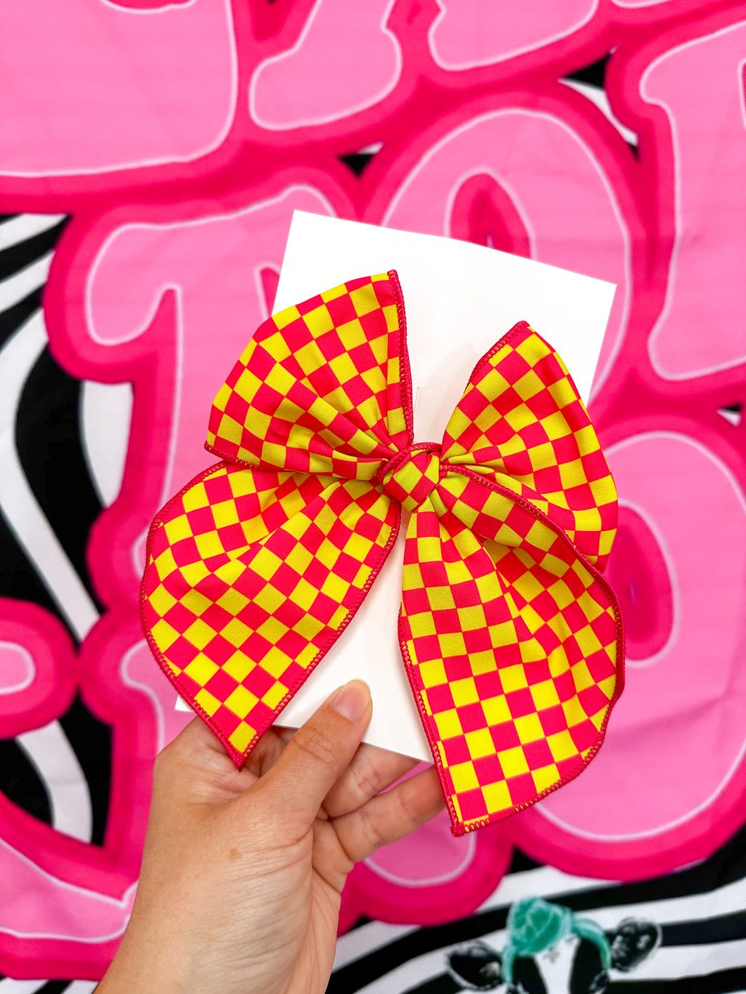 Neon yellow + Hot pink Check Big Bow