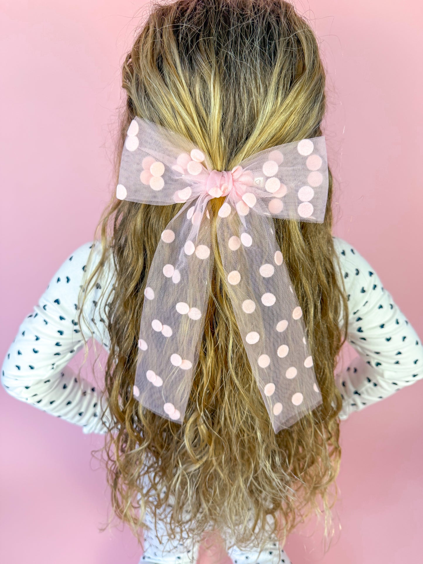 Pink polka dot mesh XL bow